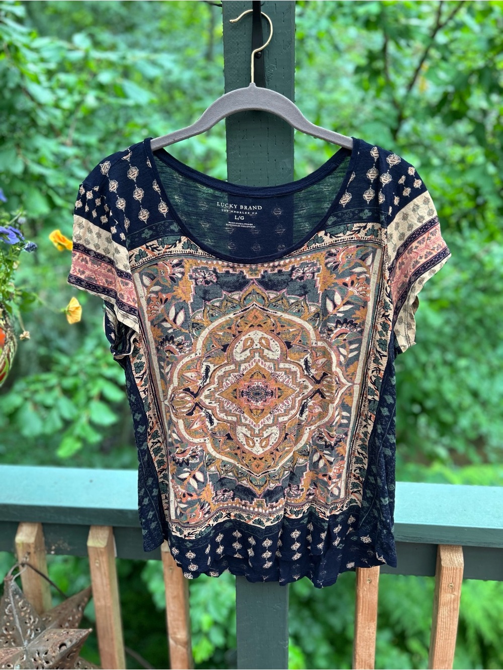 Lucky Brand Navy Multi-Print Medallion Short Sleeve Tee